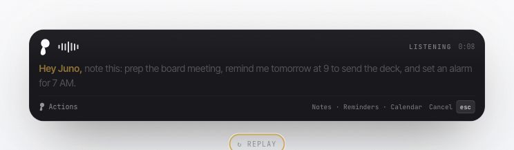 Juno live HUD showing a live transcription session while the user is speaking.