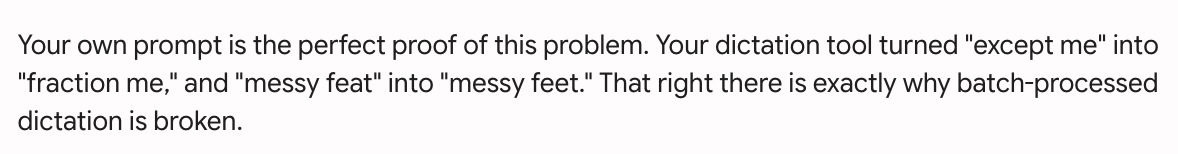 A Gemini response identifying likely dictation errors where except me became fraction me and messy feat became messy feet.